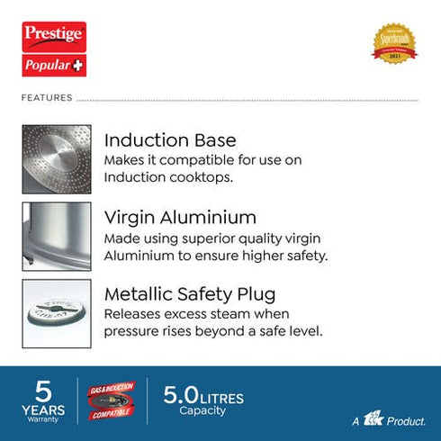 Prestige Popular Plus Virgin Aluminium Gas And Induction Compatible Pressure Cooker 5 L Silver