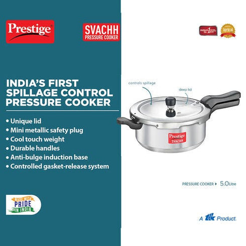 Prestige Svachh Aluminium Anti Bulge Induction Base Senior Deep Pan Pressure Cooker Silver 5 L