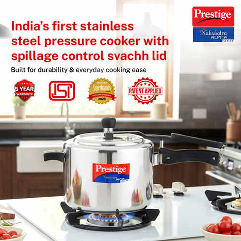 Prestige Nakshatra Alpha Svachh Stainless Steel Spillage Control Pressure Cooker 5 L Silver