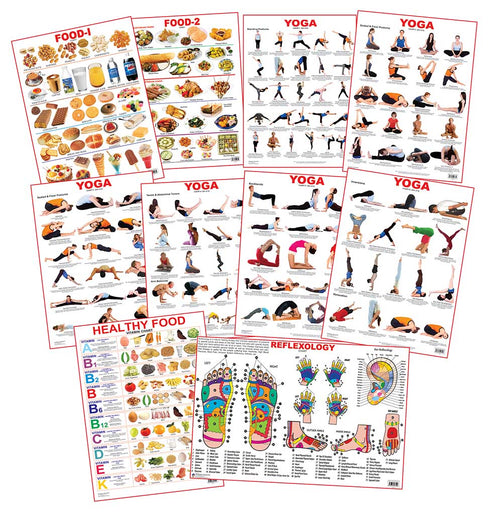 Educational Charts - Combo 6 (10 Charts)- Food 1 & 2, Yoga Charts- (1-6), Healthy Food (Vitamin Chart) and Reflexology