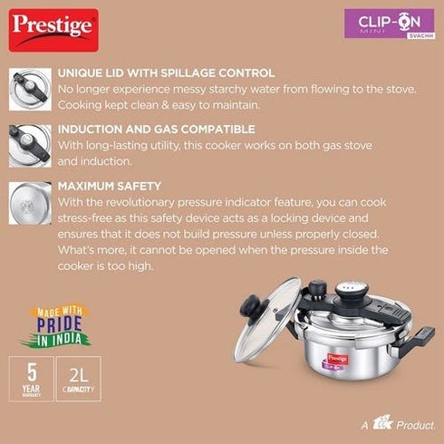 Prestige Clip-on Mini Svachh Stainless Steel Spillage Control Pressure Cooker Silver 2 L