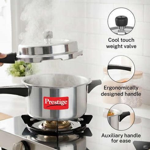 Prestige Popular Plus Svachh Virgin Aluminium Spillage Control Pressure Cooker 4 L Silver