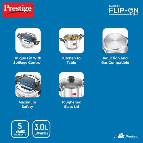Prestige Svachh Flip-on Stainless Steel Gas And Induction Compatible Pressure Cooker 3 L