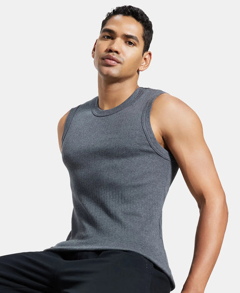 Jockey Super Combed Cotton Rib Solid Round Neck Muscle Vest | Black And Charcoal | Pack of 2
