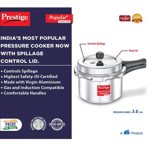 Prestige Popular Plus Svachh Virgin Aluminium Spillage Control Pressure Cooker 3 L Silver