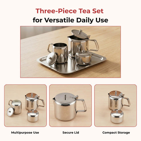 Vinod Stainless Steel 3 Piece Large Tea Set 1000 ml Tea Pot 250 ml Milk Pot 250 ml Sugar Pot Highest Grade Steel Mirror Finish Dishwasher Safe