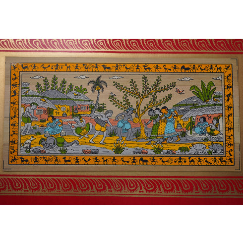 Palm Leaf Handmade Painting of Tribal Warli Village Life
