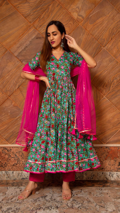 Pomcha Jaipur Surangi Kalidar Taaj Cotton Hand Block Print Anarkali Set With Soft Net Dupatta