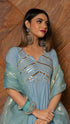 Pomcha Jaipur Powder Blue Pure Cotton Anarkali With Organza Dupatta Set