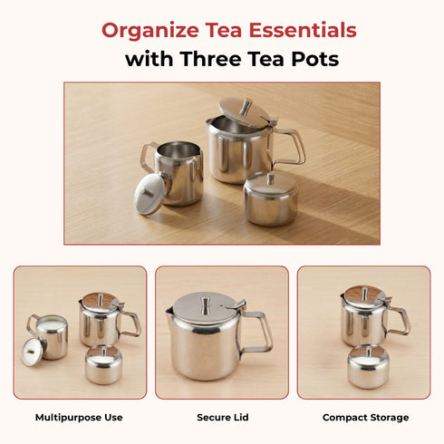 Vinod Stainless Steel 3 Piece Medium Tea Pot Set 750 ml Tea Pot 250 ml Milk Pot and 250 ml Sugar Pot Highest Grade Steel Mirror Finish Rust Free