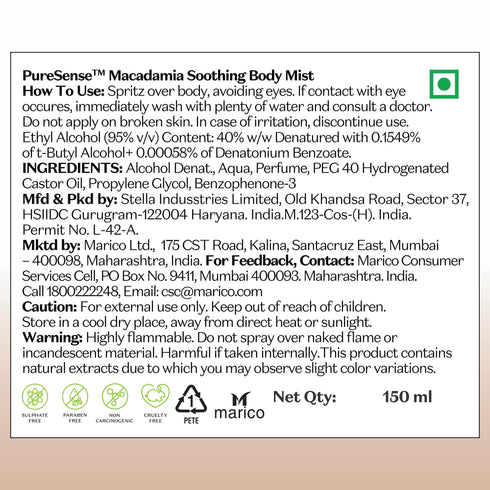 PureSense Calm Macadamia Soothing Body Mist | From the makers of Parachute Advansed