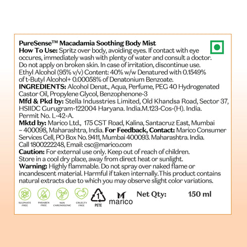 PureSense Calm Macadamia Soothing Body Mist | Paraben & Sulphate Free | From the makers of Parachute Advansed