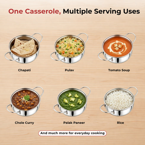 Vinod Stainless Steel Milano Plain Serving Casserole with Steel Lid and Side Handles 1230 ml Highest grade Stainless Steel Tough and Strong