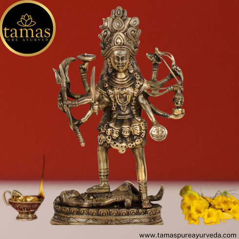 Tamas Brass Handcrafted Mahakali Kalika Maa Statue / Idol with Antique Finish ( Golden) (Pack of 1)