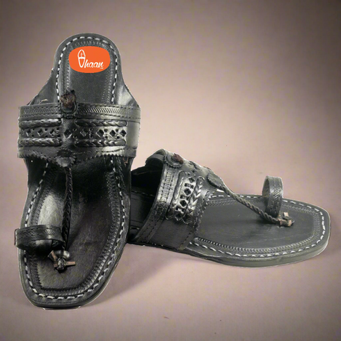 Vhaanfootwear Original Black Pure Leather Moja shape Handstitched Kolhapuri Chappal For Men Vhaan