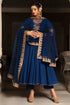 Pomcha Jaipur Minakari Blue Cotton Anarkali Set With Embroidery Lace Soft Net Dupatta