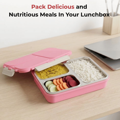 Vinod Stainless Steel Tiffin 3 Compartment Pink Airtight Silicone Sealed Lid Insulated Food Grade Steel Secure Side Clips