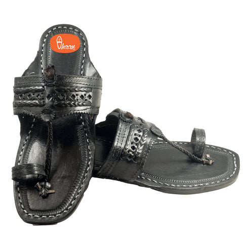 Vhaanfootwear Original Black Pure Leather Moja shape Handstitched Kolhapuri Chappal For Men Vhaan
