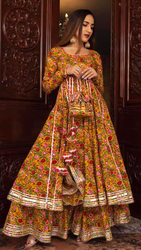 Pomcha Jaipur Yellow Cotton Hand Block Print Anarkali Plazo Set With Organza Dupatta