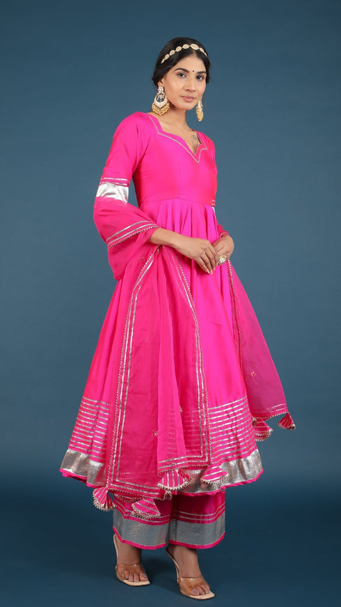 Pomcha Jaipur Amber Hot Pink Taffeta Silk Anarkali Set