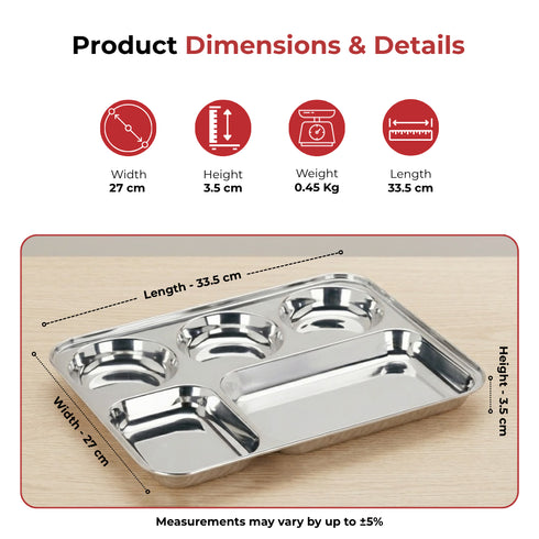 Vinod Stainless Steel 5 Compartment Plate with Round Edges Lunch and Dinner Plate Bhojan Thali High Quality Steel Rust Free Pack of 2