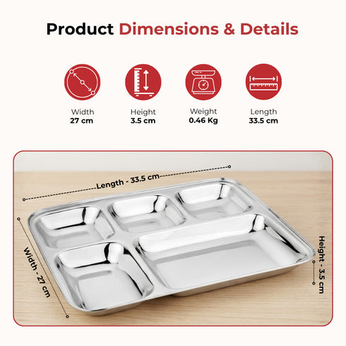 Vinod Stainless Steel 5 Compartment Plate with Square Edges Lunch and Dinner Plate Bhojan Thali High Quality Steel Rust Free Pack of 2