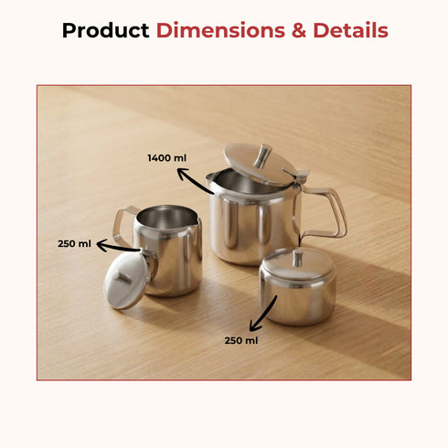 Vinod Stainless Steel 3 Pieces Jumbo Tea Set 1400 ml Tea Pot 250 ml Milk Pot and 250 ml Sugar Pot Highest Grade Steel Mirror Finish Rust Free