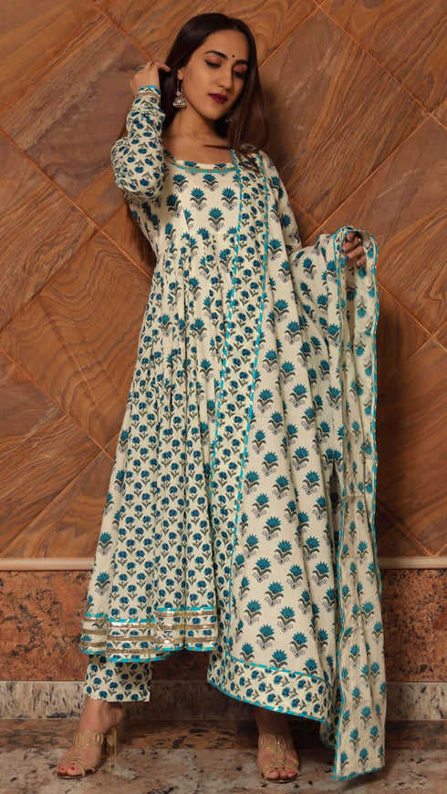 Pomcha Jaipur Paisely Cotton Kalidar Anarkali Set