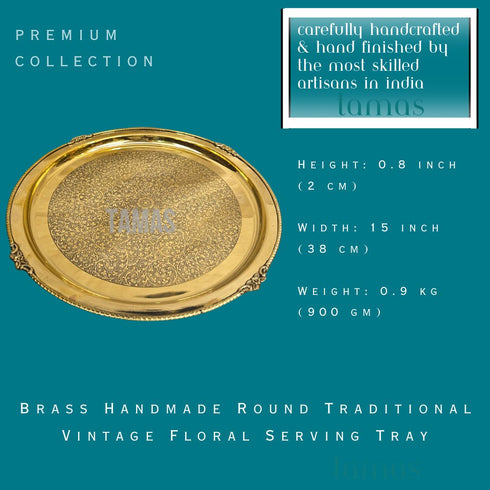 Tamas Brass Handmade Round Traditional Vintage Floral Serving Tray