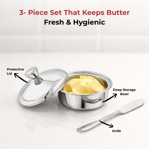 Vinod Stainless Steel Butter Pot with Butter Knife and Lid 100 gram Capacity Highest Grade Steel Rust Free Dishwasher Safe Tough Build
