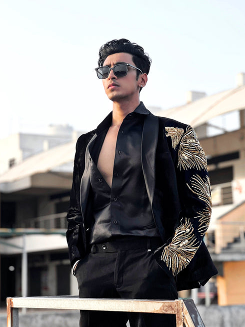 Kzari Handcrafted Embroidered Silk Blazer with Pants
