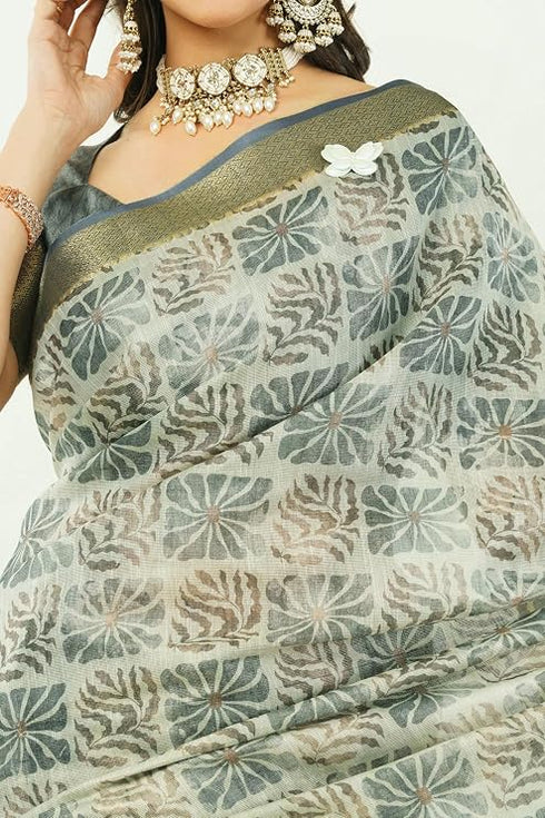 Vasthrlay Charcoal Grey Abstract Print Polyester Saree With Antique Zari Border And Unstitched Blouse Piece