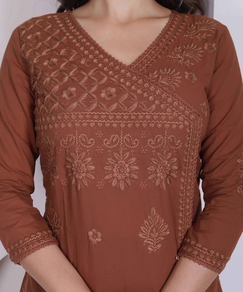 Miravan Womens Brown Floral Printed Angrakha Style Kurta with Palazzo