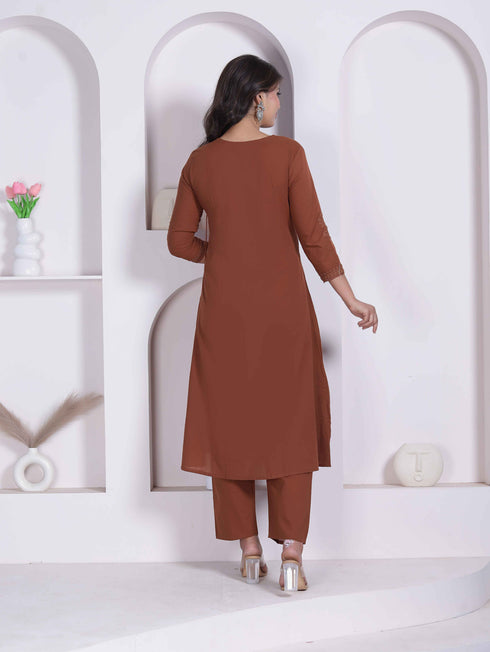 Miravan Womens Brown Floral Printed Angrakha Style Kurta with Palazzo