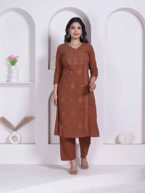Miravan Womens Brown Floral Printed Angrakha Style Kurta with Palazzo