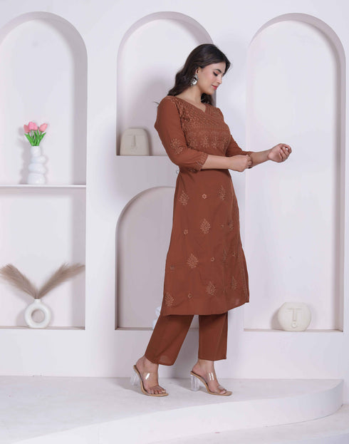 Miravan Womens Brown Floral Printed Angrakha Style Kurta with Palazzo