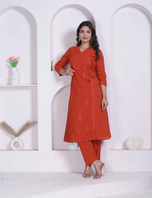 Miravan Womens Rust Floral Printed Angrakha Style Kurta with Palazzo