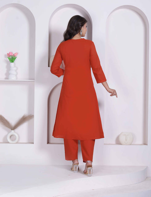 Miravan Womens Rust Floral Printed Angrakha Style Kurta with Palazzo