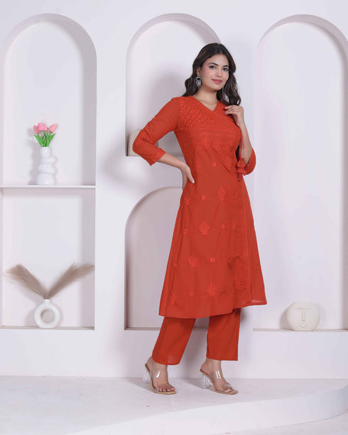 Miravan Womens Rust Floral Printed Angrakha Style Kurta with Palazzo
