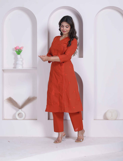 Miravan Womens Rust Floral Printed Angrakha Style Kurta with Palazzo