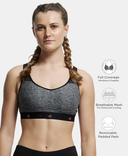 Jockey Wirefree Padded Tactel Nylon Stretch Full Coverage Sports Bra with Optional Cross Back Styling - Black Melange