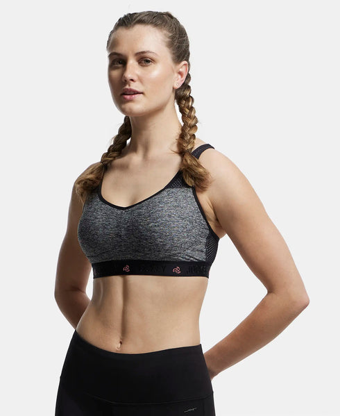 Jockey Wirefree Padded Tactel Nylon Stretch Full Coverage Sports Bra with Optional Cross Back Styling - Black Melange