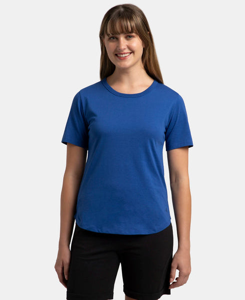 Super Combed Cotton Rich Relaxed Fit Solid Curved Hem Styled Half Sleeve T-Shirt