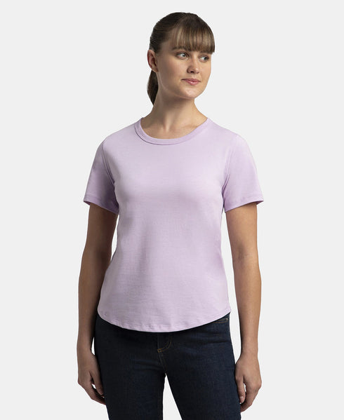 Super Combed Cotton Rich Relaxed Fit Solid Curved Hem Styled Half Sleeve T-Shirt