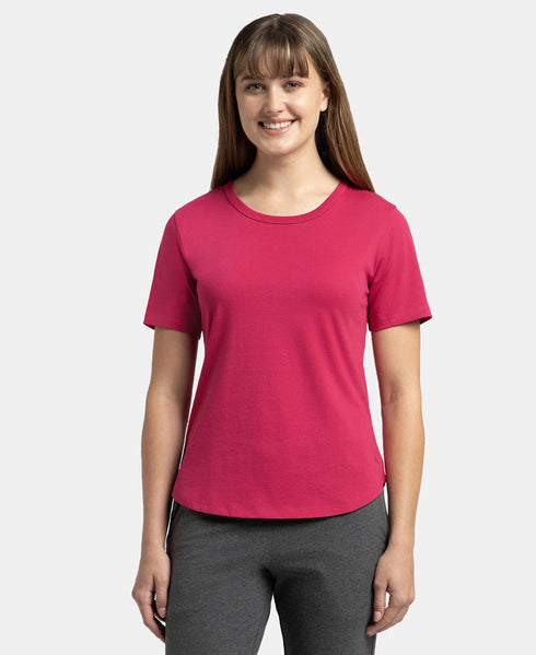 Super Combed Cotton Rich Relaxed Fit Solid Curved Hem Styled Half Sleeve T-Shirt