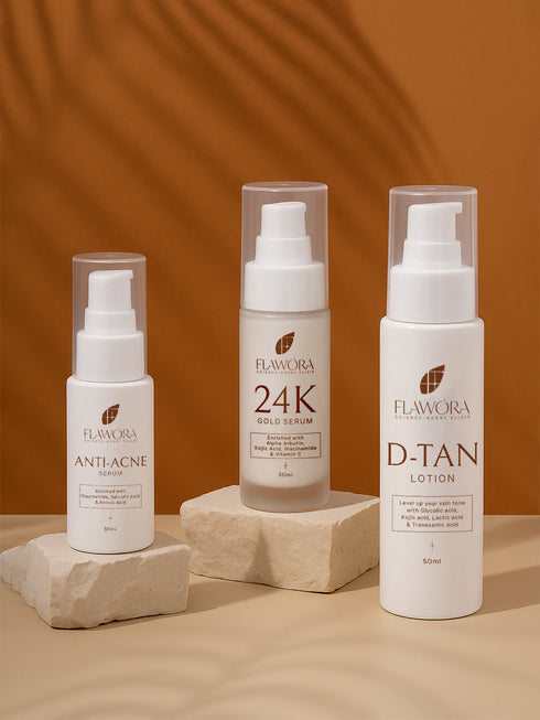 Flawora Anti-Grey Hair Serum|D-Tan Lotion and Gold Face Serum Combo