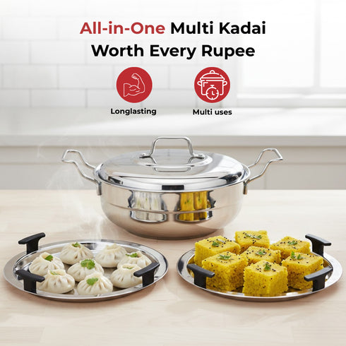 Vinod Doniv Stainless Steel Induction Bottom Multi Kadhai with 5 Plates 2 Idli 1 Mini Idli 1 Patra Momos 2 Khaman Dhokla