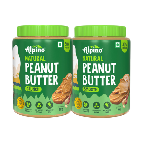 Alpino Best Seller Natural Peanut Butter Combo - Crunch 1kg & Smooth 1kg - Saver Value Pack