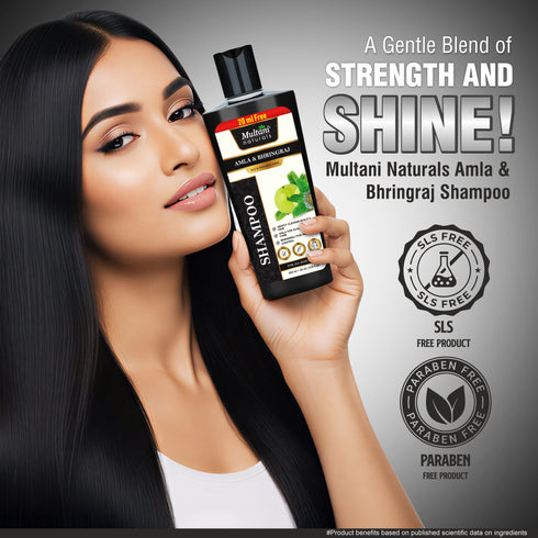 Multani Pharmaceuticals Limited Multani Naturals Amla & Bhringraj Shampoo Hair Growth Dandruff Control & Scalp Irritation Relief Paraben & SLS Free Dermatologically Tested