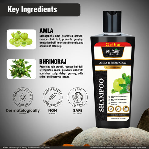 Multani Pharmaceuticals Limited Multani Naturals Amla & Bhringraj Shampoo Hair Growth Dandruff Control & Scalp Irritation Relief Paraben & SLS Free Dermatologically Tested